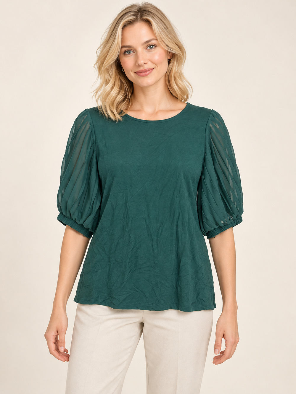 Tahari Forest Green Pleated Sheer Puff Sleeve Top M #A6054